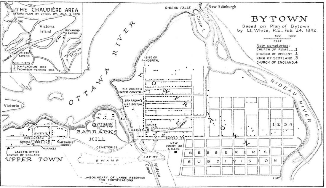 A hand-drawn 1842 plan of Bytown showing the Ottawa and Rideau rivers, Barracks Hill, Upper Town and Lower Town, and early streets including Wellington, Sparks and Rideau.